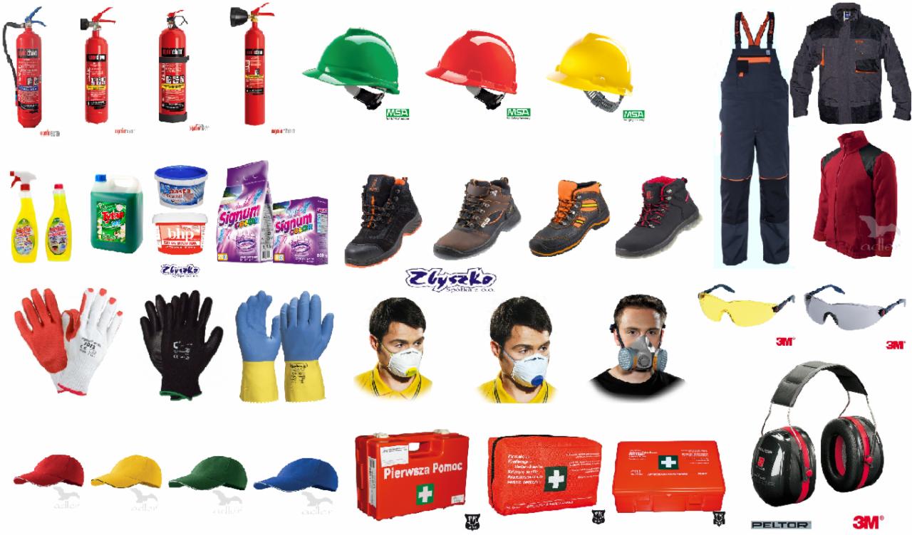 Kolekcja różnorodnych artykułów BHP, w tym kaski ochronne w kolorach zielonym, czerwonym i żółtym, kombinezony robocze, kurtki, buty robocze, rękawice ochronne, okulary ochronne, nauszniki...