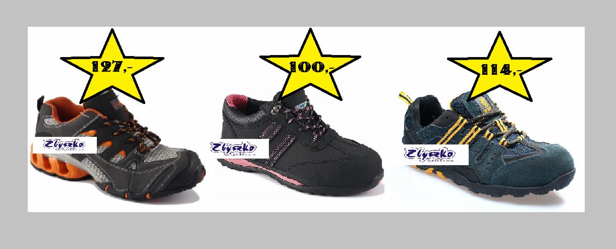 Trzy pary obuwia ochronnego na białym tle, z cenami w żółtych gwiazdach, prezentują różne modele: szaro-pomarańczowe sportowe, czarne z różowymi akcentami i granatowo-żółte zamszowe.
