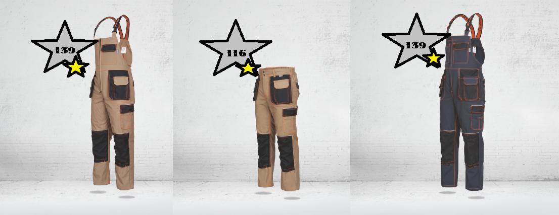 Kolekcja trzech par spodni roboczych typu ogrodniczki w kolorach: beżowym, beżowym bez górnej części i granatowym z pomarańczowymi szelkami, na białym tle.