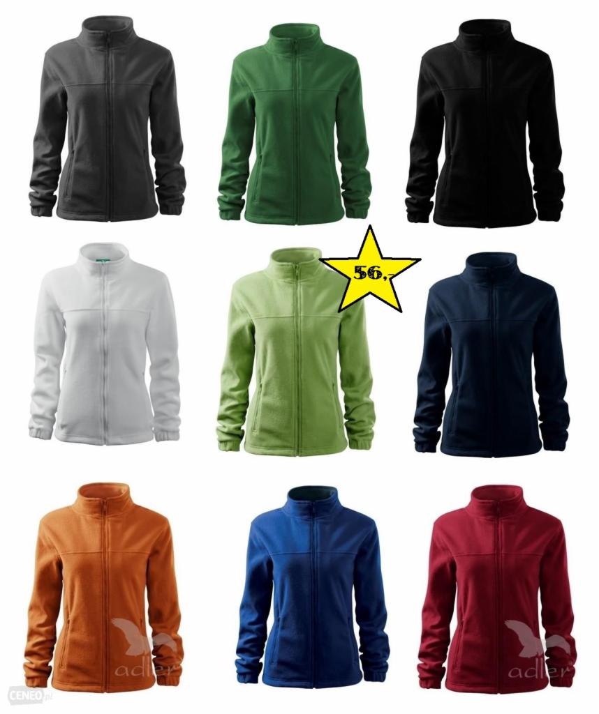 Katalog z dziewięcioma polarowymi bluzami w różnych kolorach: czarnym, zielonym, białym, limonkowe, granatowym, pomarańczowym, niebieskim i czerwonym, z widocznym logo producenta na dole.