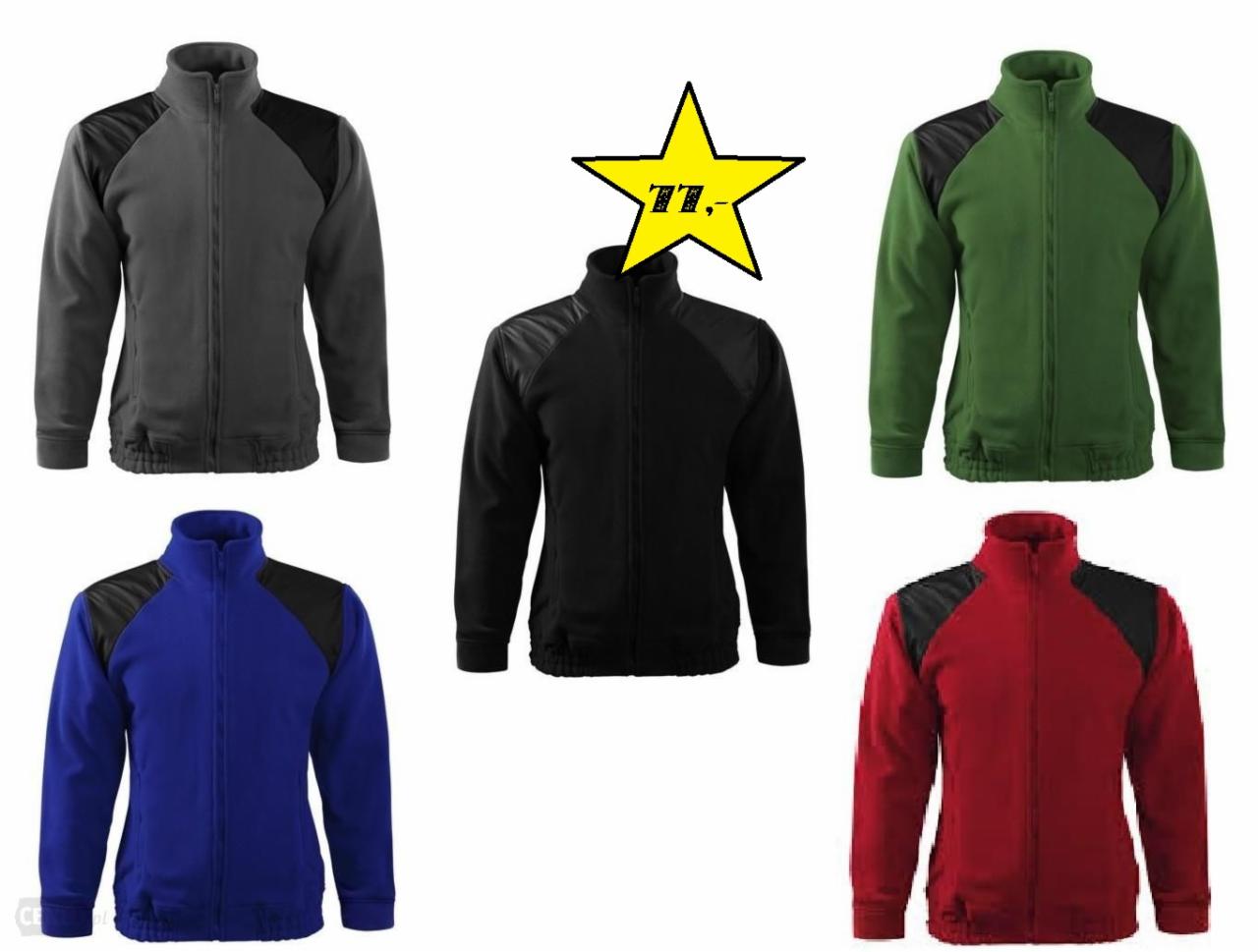 Katalog prezentujący kolekcję polarowych bluz zapinanych na zamek, z czarnymi wstawkami na ramionach, w kolorach: szarym, czarnym (z żółtą gwiazdą i ceną), zielonym, niebieskim i czerwonym.