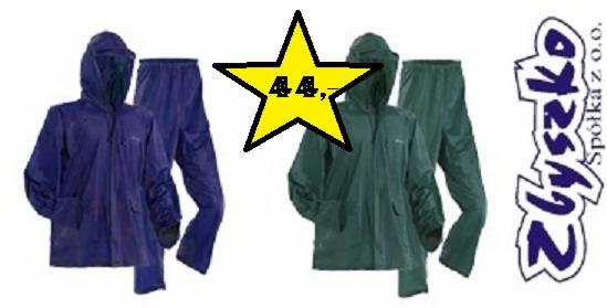 Komplety przeciwdeszczowe: granatowy i zielony, cena 44 zł, logo producenta Złyszko.