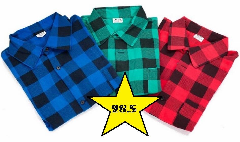 Trzy flanelowe koszule w kratę: niebiesko-czarna, zielono-czarna i czerwono-czarna, leżące obok siebie na białym tle, z żółtą gwiazdą z ceną na środku.