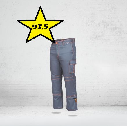 Szare spodnie robocze z pomarańczowymi szwami i żółtą gwiazdą z napisem 97,5 na tle białej ściany.