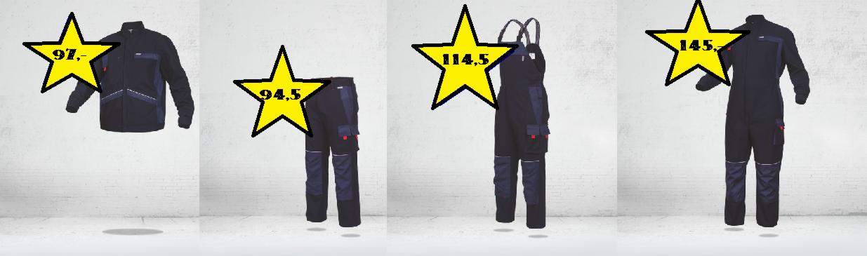 Kolekcja ubrań roboczych: kurtka, spodnie i kombinezon w granatowo-czarnej kolorystyce z elementami odblaskowymi, prezentowane na białym tle z dodatkowymi żółtymi gwiazdami z cenami.