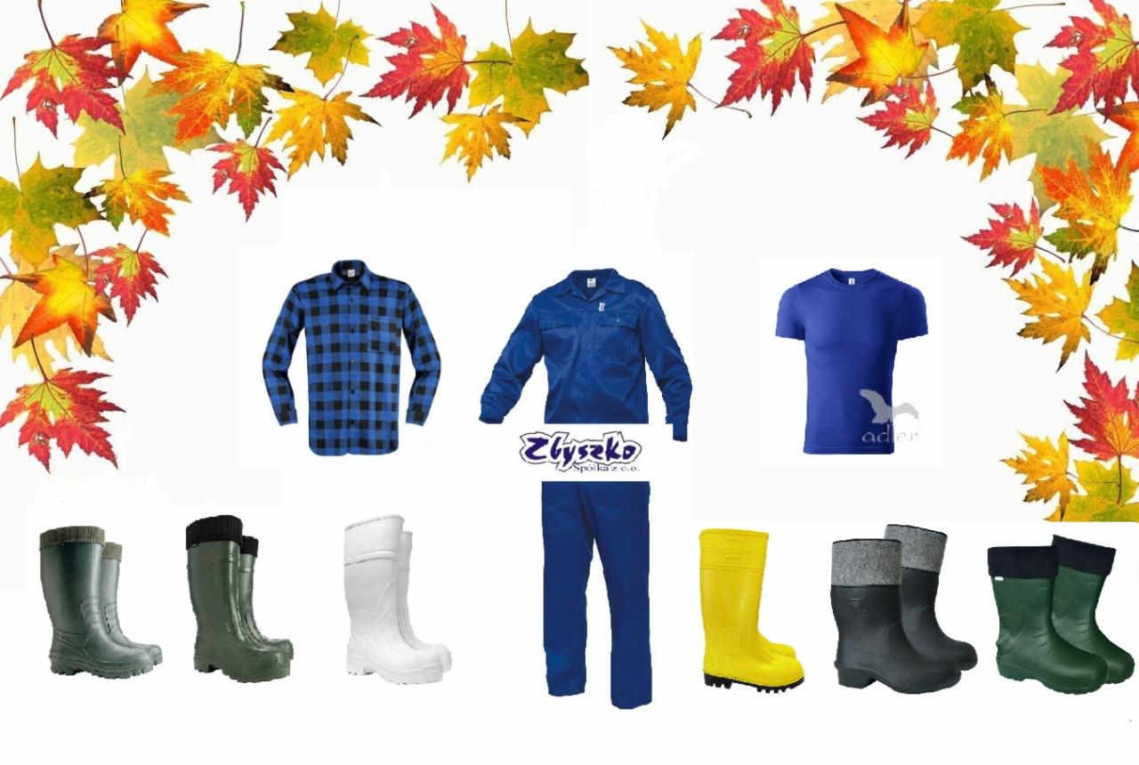 Kolaż ubrań i butów roboczych na białym tle, ozdobiony spadającymi liśćmi klonu w jesiennych barwach, prezentujący flanelową koszulę, kombinezon, t-shirt oraz różnorodne kalosze.