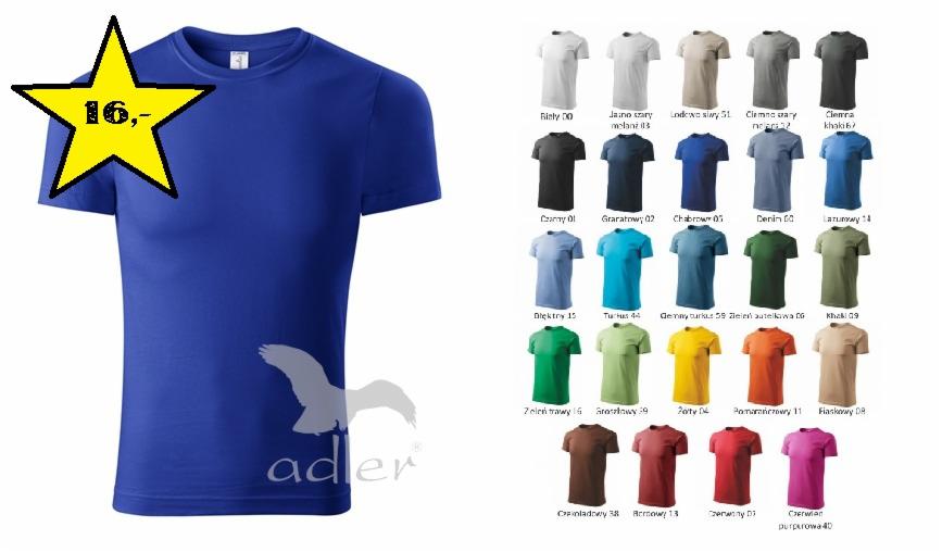 Niebieska koszulka robocza z krótkim rękawem marki Adler prezentowana na tle palety kolorów dostępnych modeli w Wałbrzychu, z widoczną ceną promocyjną.