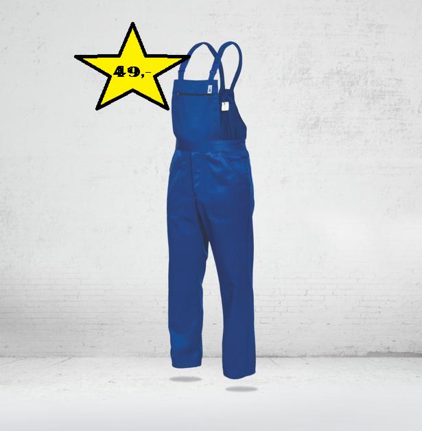 Niebieskie spodnie robocze typu ogrodniczki z szelkami, z kieszenią na klatce piersiowej, na tle białej ceglanej ściany, z żółtą gwiazdą z ceną 49