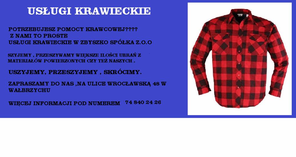 Ogłoszenie usług krawieckich z przykładową czerwoną koszulą w kratę.