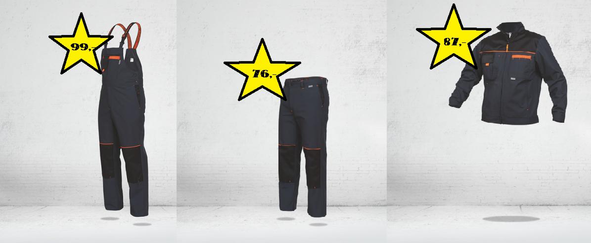 Prezentacja zestawu ubrań roboczych: ogrodniczki, spodnie i kurtka w kolorze granatowym z pomarańczowymi akcentami, wyeksponowane na jasnym tle z cenami w żółtych gwiazdach.