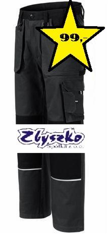 Czarne spodnie robocze z kieszeniami na udach, cena 99 zł zaznaczona na żółtej gwieździe, widoczne logo firmy Zlyszko u dołu.