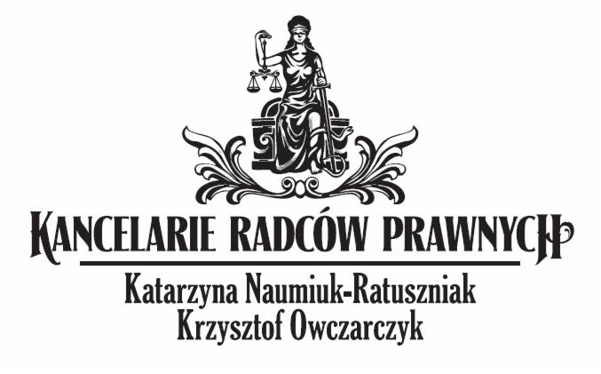 Czarno-białe logo kancelarii radców prawnych z Temidą trzymającą wagę i miecz, ozdobnym ornamentem oraz nazwiskami Katarzyny Naumiuk-Ratuszniak i Krzysztofa Owczarczyka.