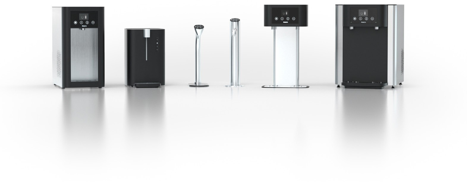 Różne modele dystrybutorów wody w kolorach czarnym i srebrnym, stojące w rzędzie na białym tle, z widocznymi panelami dotykowymi i minimalistycznym designem.