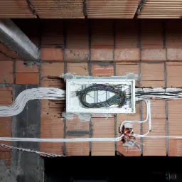 Rozdzielnica elektryczna podtynkowa z poprowadzonymi przewodami w surowym murze z cegły.