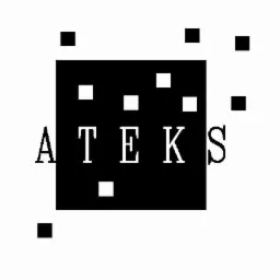 Logo firmy ATEKS: czarny kwadrat z białymi literami i małymi białymi kwadratami wewnątrz oraz czarnymi kwadratami wokół.