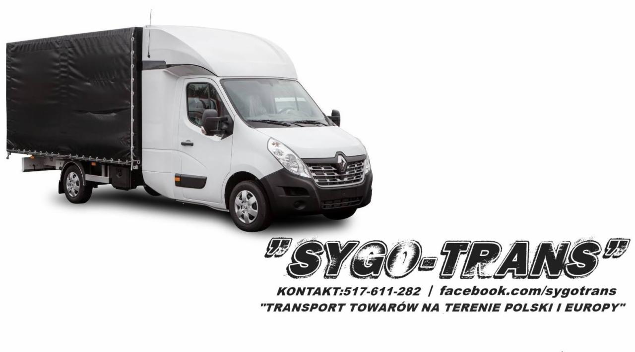 Biały samochód dostawczy z czarną plandeką na przestrzeni ładunkowej, logo firmy transportowej i dane kontaktowe na białym tle.