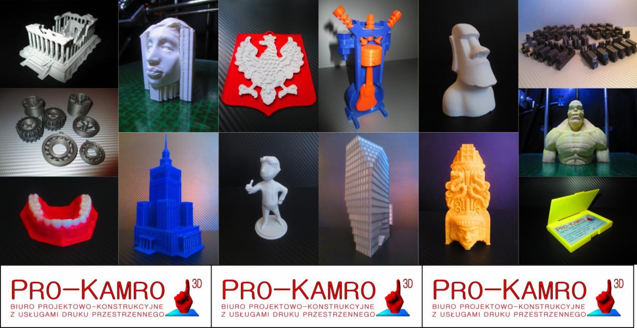 Kolaż przedstawiający różnorodne obiekty wydrukowane w technologii 3D, w tym architekturę (ruiny, wieżowiec), rzeźby (głowa, Moai, Hulk), mechanizmy, godło Polski, figurkę człowieka i protezę...