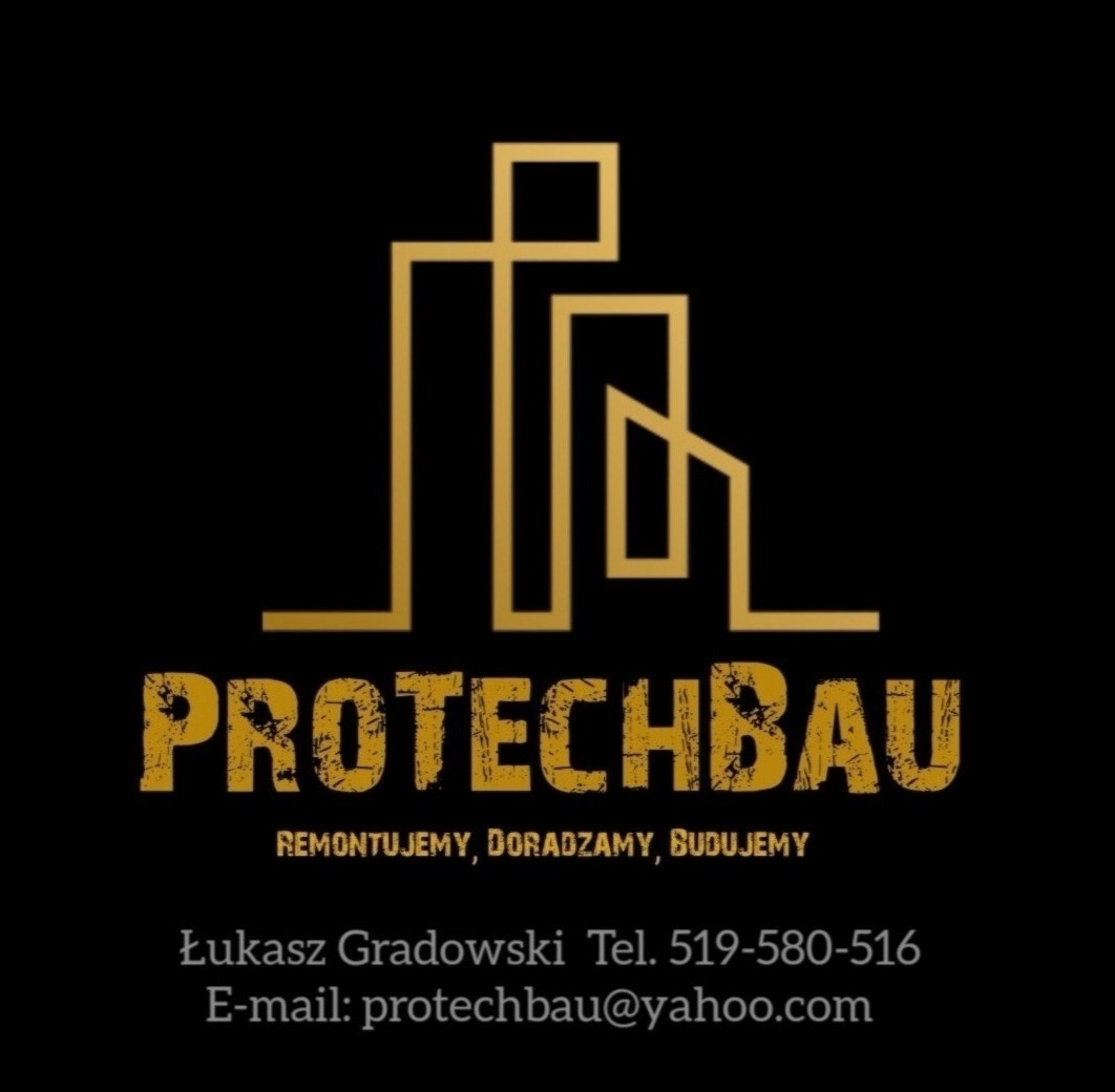 Złote logo firmy budowlanej Protechbau na czarnym tle, przedstawiające uproszczony zarys budynków i hasło 'Remontujemy, Doradzamy, Budujemy' wraz z danymi kontaktowymi.
