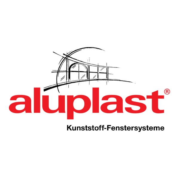 Czerwone logo Aluplast z czarnym szkicem okna i napisem 'Kunststoff-Fenstersysteme' na białym tle.
