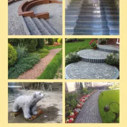 Kompozycja zdjęć prezentująca r&oacute;żnorodne aranżacje zewnętrzne: schody i p&oacute;łokrągłe siedziska z cegły i kamienia, schody z polerowanego kamienia, ścieżka z kostki obrzeżona zielenią, okrągły podest...