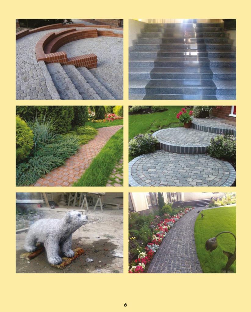 Kompozycja zdjęć prezentująca różnorodne aranżacje zewnętrzne: schody i półokrągłe siedziska z cegły i kamienia, schody z polerowanego kamienia, ścieżka z kostki obrzeżona zielenią, okrągły podest...