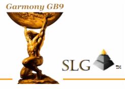 Grafika z wizerunkiem Atlasa dźwigającego kulę ziemską, obok napis Garmony GB9 i logo SLG z piramidą.