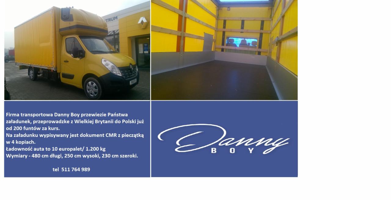 Żółty samochód dostawczy z zabudową kontenerową na tle budynku firmy transportowej, widok wnętrza paki z żółtymi ścianami i informacja o firmie Danny Boy oferującej przewozy z Wielkiej Brytanii.