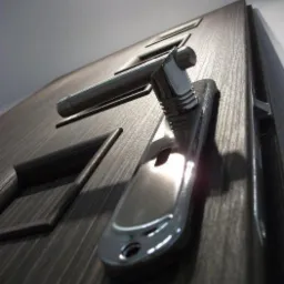 Nowoczesne drzwi wejściowe z ciemnego drewna z chromowaną klamką, widok z dołu pod kątem.