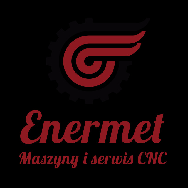 Logo firmy Enermet: czerwony symbol graficzny z zębatką i stylizowanymi skrzydłami nad napisem 'Enermet Maszyny i serwis CNC' na czarnym tle.