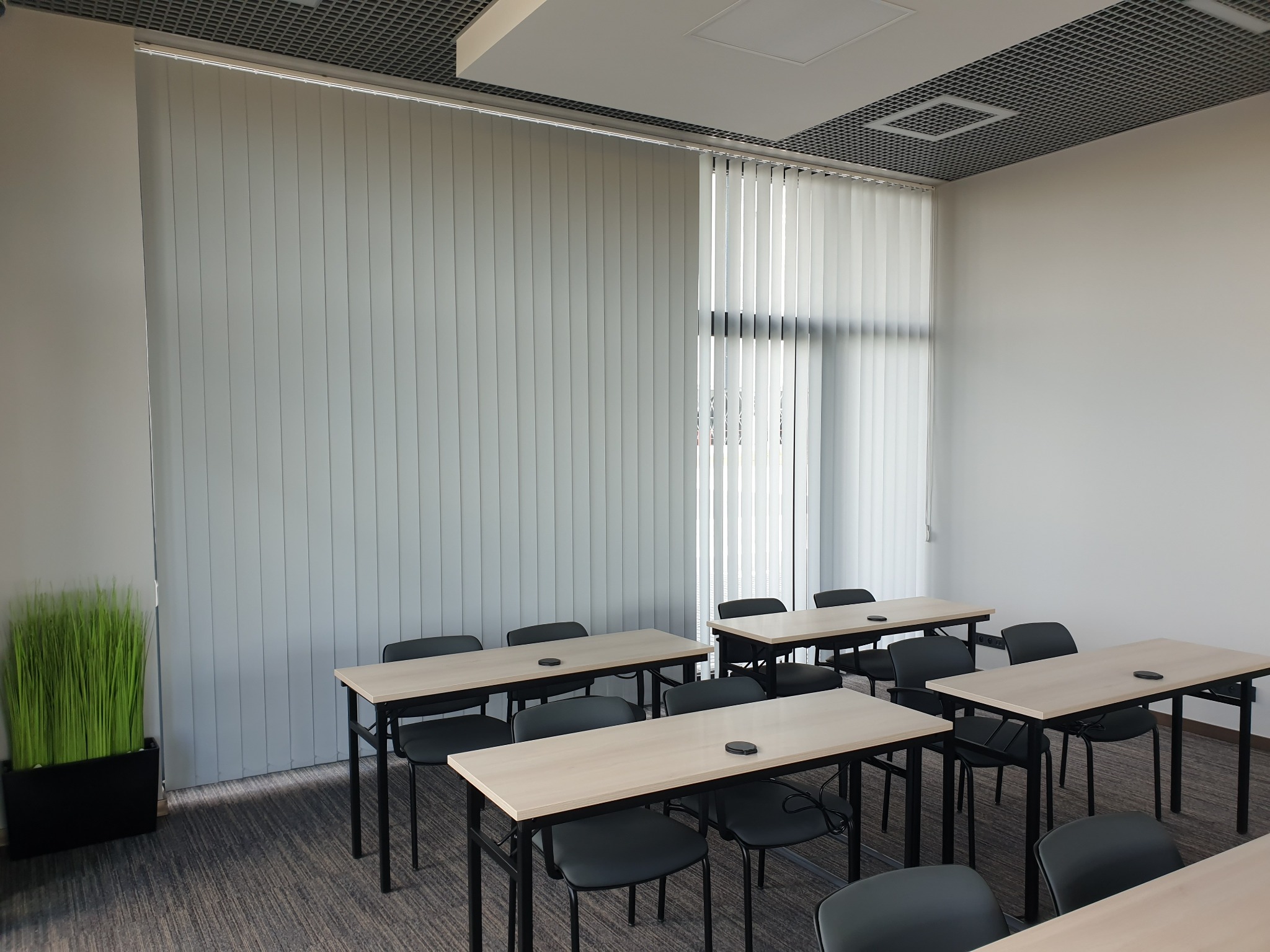 Jasne, pionowe osłony okienne w biurze lub sali konferencyjnej z biurkami i krzesłami, w tle roślina w czarnej donicy.