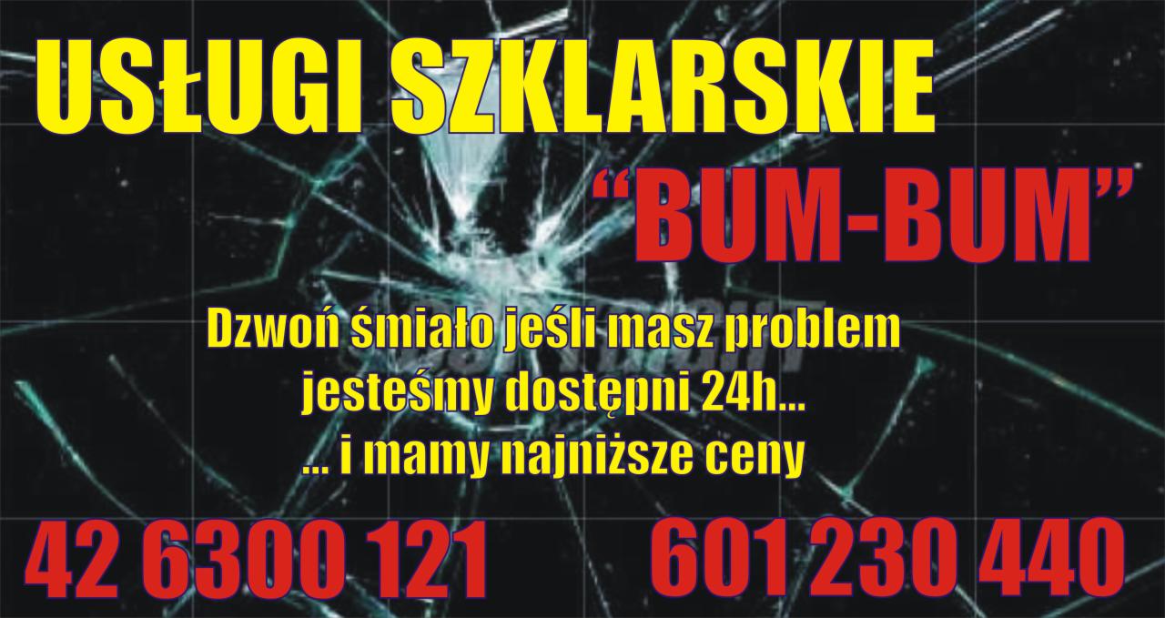 Reklama usług szklarskich z efektem pękniętej szyby, hasłem 'BUM-BUM' i numerami telefonów na czarnym tle.
