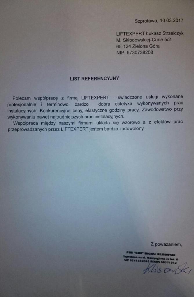 Skan listu referencyjnego dla firmy LIFTEXPERT, z pieczątką i podpisem, datowany na 10.03.2017, potwierdzający profesjonalne i terminowe wykonanie usług instalacyjnych.