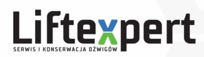 Logo firmy Liftexpert, serwis i konserwacja dźwigów. Napis Liftexpert w kolorze czarnym, litera X w kolorze niebiesko-zielonym. Pod spodem napis 'Serwis i konserwacja dźwigów' w kolorze czarnym.