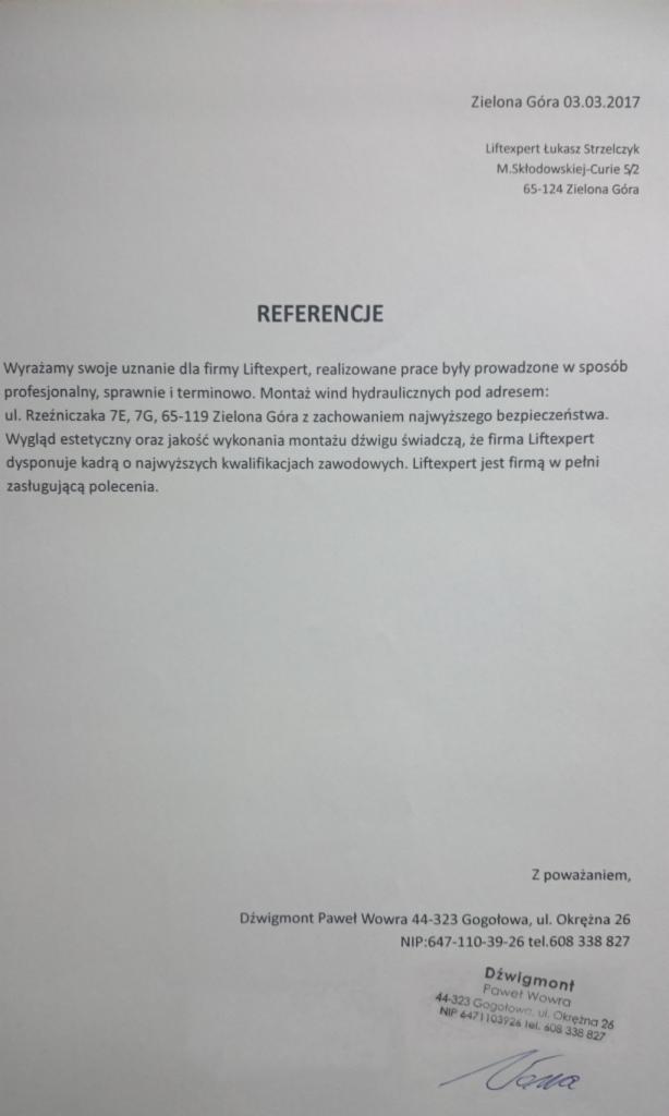 Skan dokumentu referencyjnego dla firmy Liftexpert z Zielonej Góry, potwierdzającego profesjonalny montaż wind hydraulicznych.