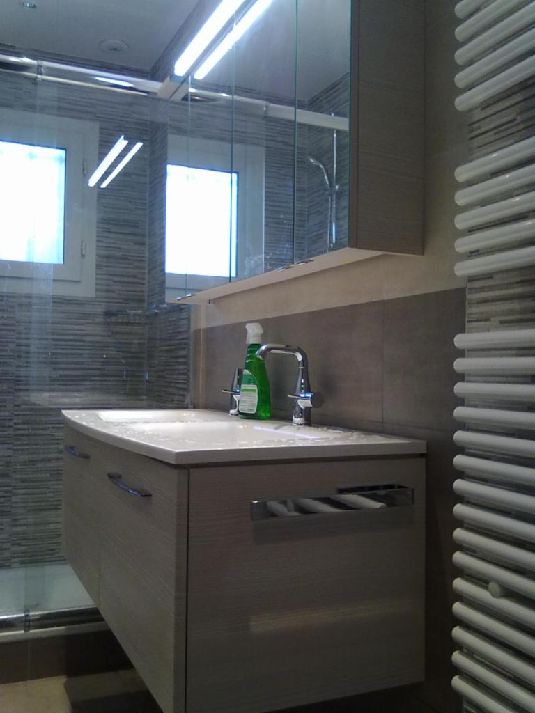 Nowoczesna łazienka z szafką pod umywalką w odcieniach szarości, lustrem z oświetleniem LED i grzejnikiem drabinkowym. Widoczna butelka zielonego płynu do mycia na blacie.