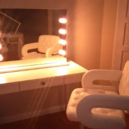 Biała toaletka z lustrem podświetlanym żarówkami, obok białe, pikowane krzesło. W tle widoczne drzwi.