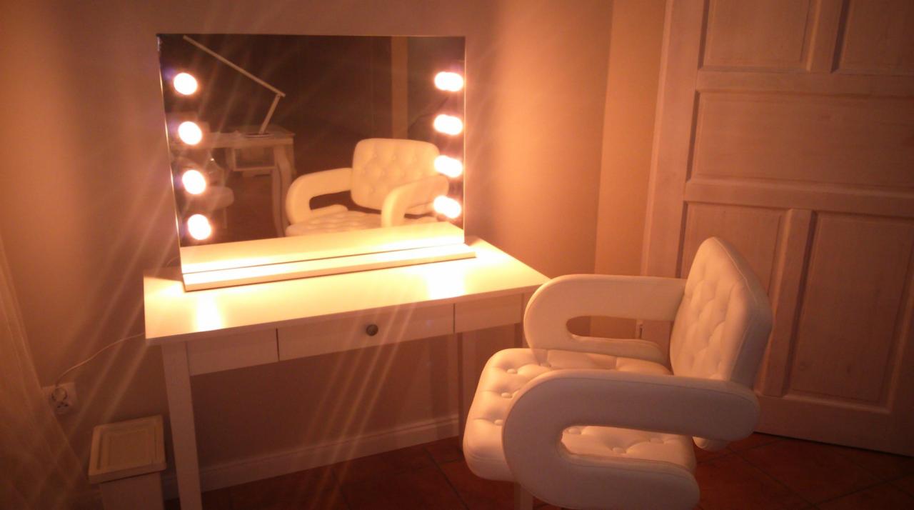 Biała toaletka z lustrem podświetlanym żarówkami, obok białe, pikowane krzesło. W tle widoczne drzwi.