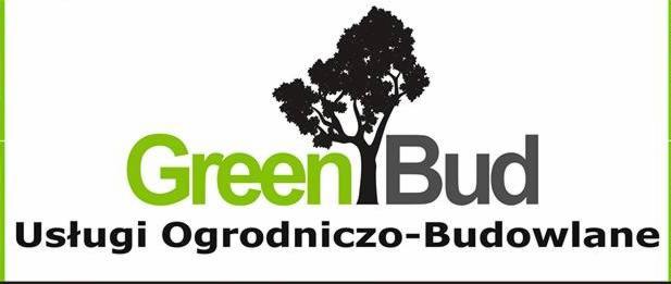 Logo firmy GreenBud świadczącej usługi ogrodniczo-budowlane, z stylizowanym drzewem w górnej części i nazwą firmy w kolorach zielonym i szarym.