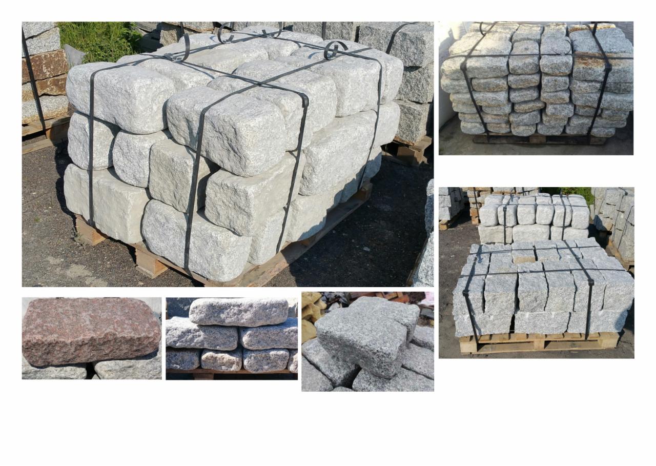 Palety z szarymi, surowymi kamieniami do nawierzchni, zabezpieczone czarną taśmą, różne ujęcia i kolory kamienia w tle.