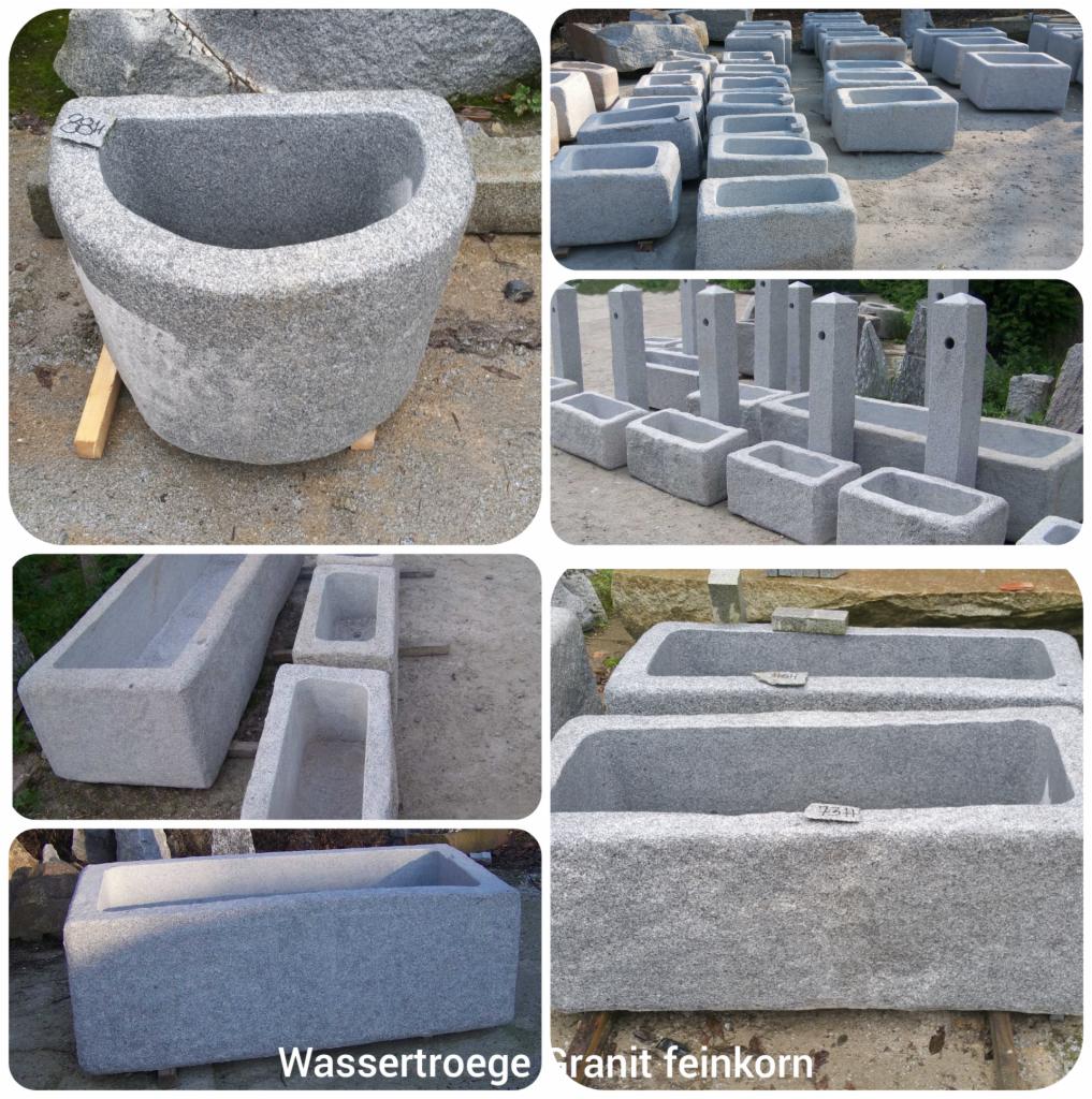 Wielopanelowe zdjęcie prezentujące różnorodne, szare, granitowe koryta i donice, niektóre z numerami identyfikacyjnymi, ułożone na zewnątrz.