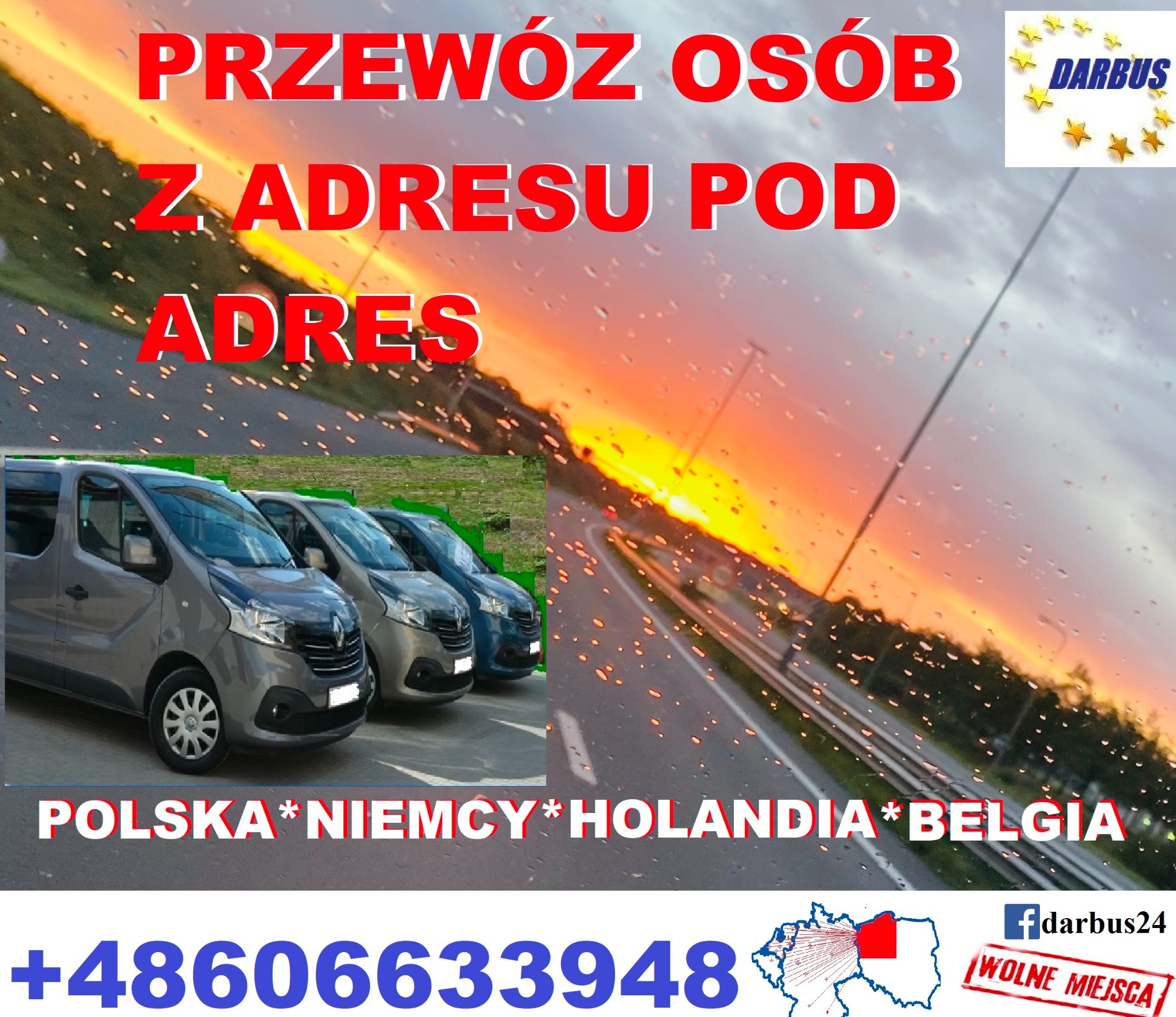 Reklama firmy przewozowej Darbus z trzema busami na parkingu i widokiem na drogę zza mokrej szyby z napisem 'Przewóz osób z adresu pod adres' oraz numerem telefonu i informacją o wolnych miejscach.