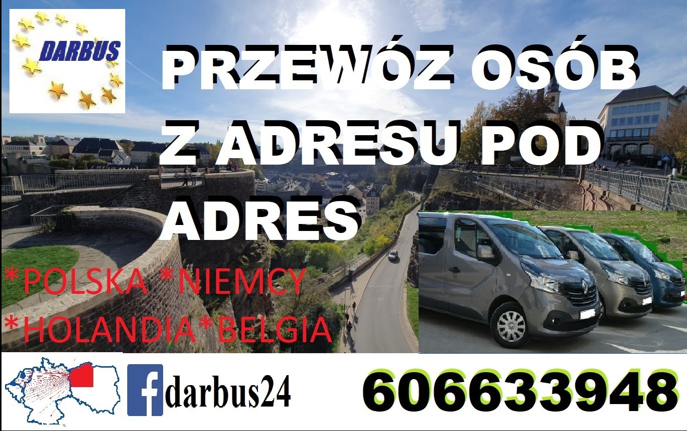 Flota szarych vanów na tle panoramy miasta z murami obronnymi, logo firmy Darbus, mapa Europy z zaznaczoną Polską, kraje docelowe i numer telefonu.