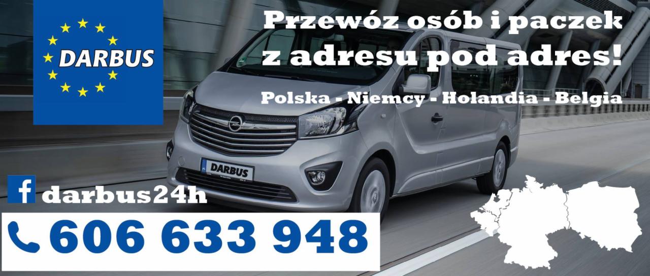 Srebrny van marki Opel z napisem 'DARBUS' na tablicy rejestracyjnej, jadący po autostradzie, z grafiką flagi UE, logiem Facebooka, numerem telefonu oraz napisem 'Przewóz osób i paczek z adresu...