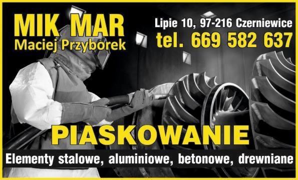 Reklama firmy Mik Mar Maciej Przyborek oferującej obróbkę strumieniowo-ścierną elementów stalowych, aluminiowych, betonowych i drewnianych. Na czarno-białym tle pracownik w kombinezonie ochronnym...