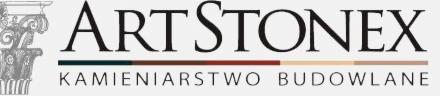 Logo firmy Art Stonex Kamieniarstwo Budowlane z kolumną w stylu greckim po lewej stronie i kolorowymi liniami pod nazwą.