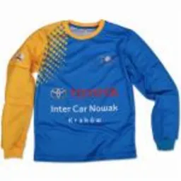 Niebiesko-żółta koszulka z długim rękawem i nadrukiem logo Toyota Inter Car Nowak Kraków, widoczna na białym tle.