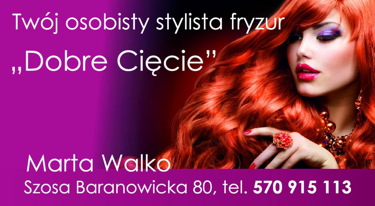 Portret kobiety z intensywnym makijażem oczu i ust, prezentującej burzę rudych, falujących włosów, z widoczną biżuterią i reklamowym tłem z danymi kontaktowymi firmy.