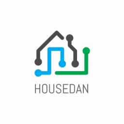 Logo firmy Housendan przedstawiające schemat elektryczny domu w kolorach szarym, niebieskim i zielonym.
