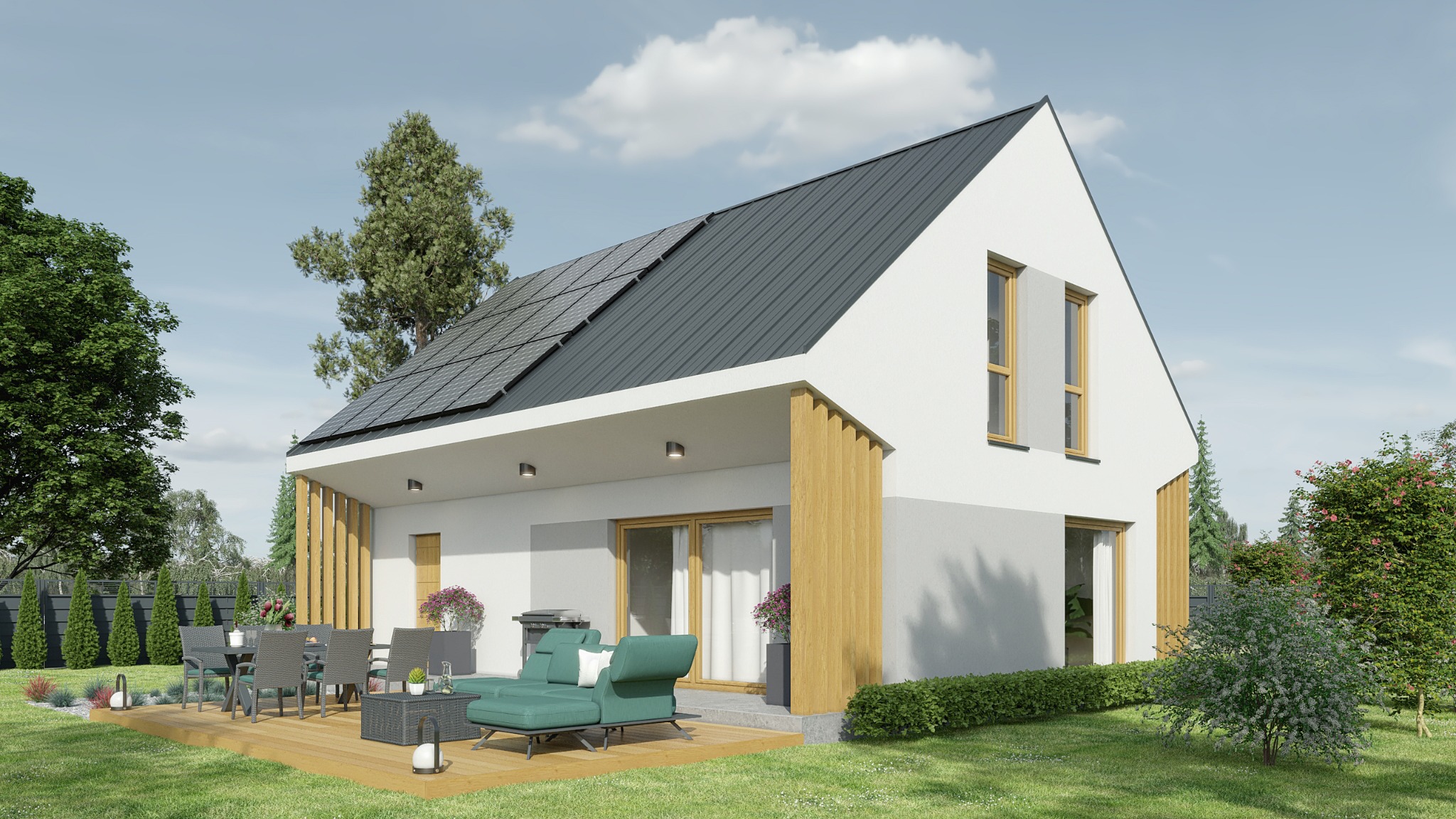 Wizualizacja nowoczesnego domu z szarym dachem i panelami słonecznymi, z drewnianym tarasem wyposażonym w meble ogrodowe i grill, otoczonego zielonym trawnikiem i drzewami.