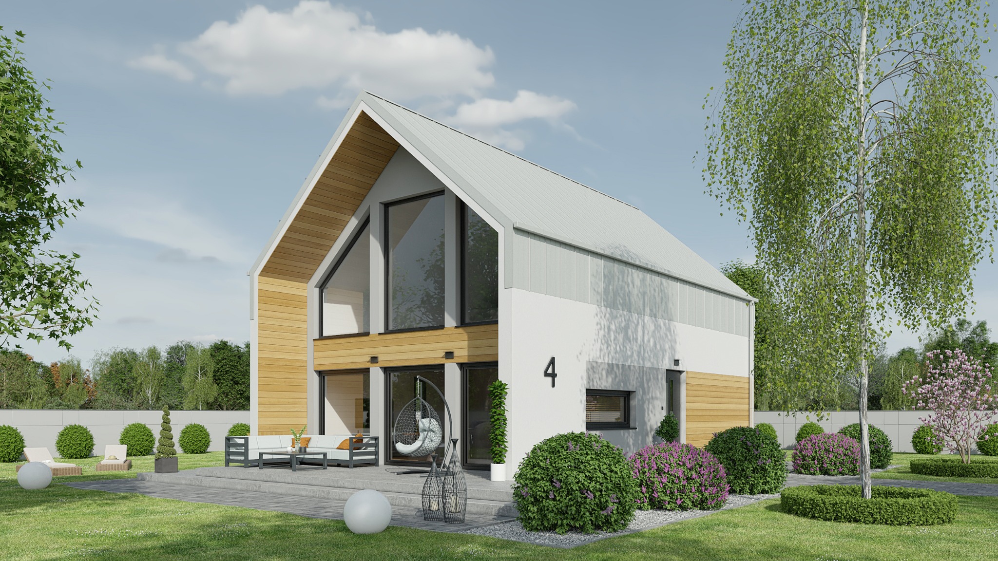 Wizualizacja nowoczesnego domu z dwuspadowym dachem, drewnianą elewacją i dużymi przeszkleniami, otoczonego zadbanym ogrodem z meblami wypoczynkowymi na tarasie i numerem '4' na fasadzie.